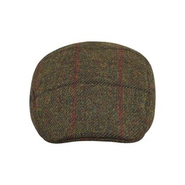 Sterkowski Norte Flat Cap Harris Tweed Peaked Cap for Men and Women Warm Hand Stitched Racket Hat with Ear Flaps, Khaki/Red Check Pattern