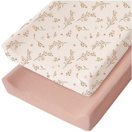 ZXYIVOO Muslin Changing Pad Cover for Baby Girls Boys, 100% Cotton Fitted Diaper Chang Table Covers, Soft Breathable Changing Pad Sheets, 2 Pack (Floral,Pink)