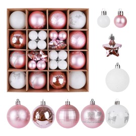 ZALAON 44 Pcs Christmas Ball Ornaments, 1.2/2.3 Inch Pink White Christmas Baubles Christmas Tree Hanging Ball Set for Xmas Party Indoor Outdoor Decorations