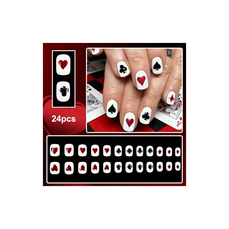 Uñas postizas cuadradas blancas cortas estilo póker, uñas acrílicas adhesivas