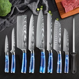 Unbranded Kitchen Knife Set Damascus Pattern Chef Knives Stainless Steel Cleaver with Bag - Blue Knife Kit