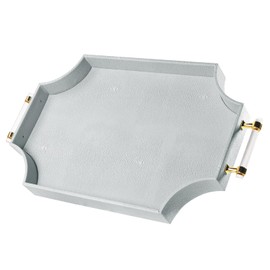 Shagreen Decorative Large Serving Platters Tray with Handles for Coffee Table Decor Modern Elegant Scalloped Ottoman Tray(Ice Blue, 22.6'' × 13'')