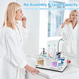 Bathroom Organizer Countertop, Large Toothbrush Holders for Bathroom Counter Organizer with 3PCS Qtip Holder Dispenser, Toothbrush and Toothpaste Holder for Bathroom Accessories Counter Vanity Storage