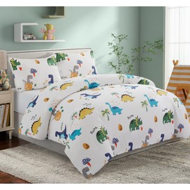 Marina Decoration Kids Boys Toddlers Cute Printed 600 Thread Count Soft Cotton Blend Percale 3 Pieces Duvet Cover Set with Corner Tie and Zipper, Cartoon Dinosaur Zoo Dino Pattern Queen Size
