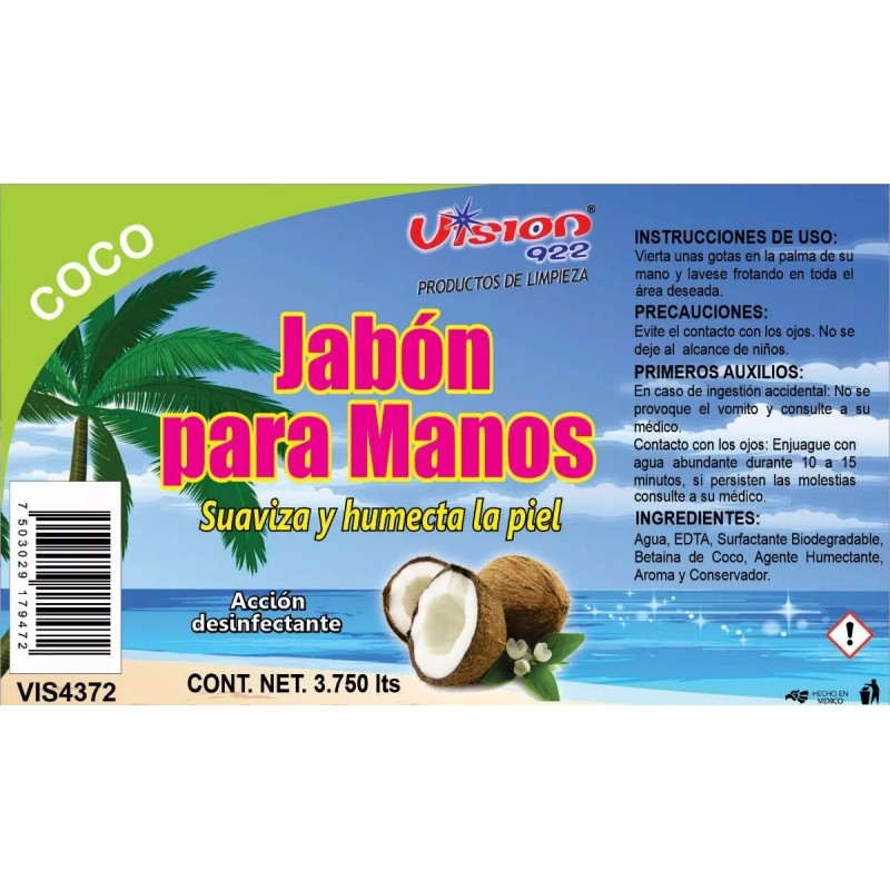 VISION 922 Jabón Liquido Para Manos Aroma Coco 3.750 L