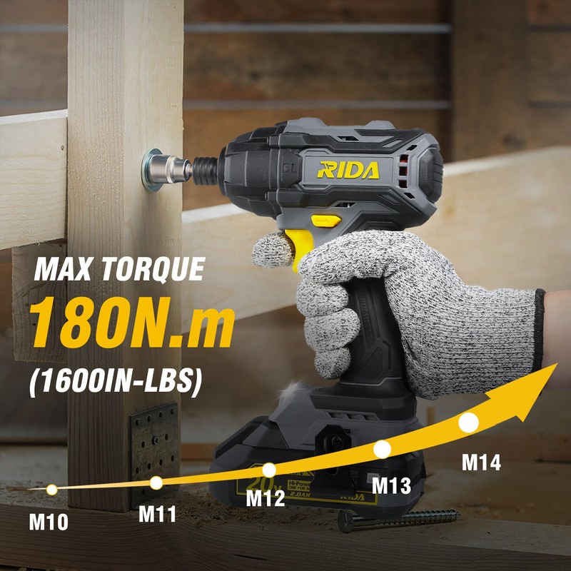 RIDA Cordless Brushless Impact Driver 180N.m, 20V Electric Impact Drill/Driver