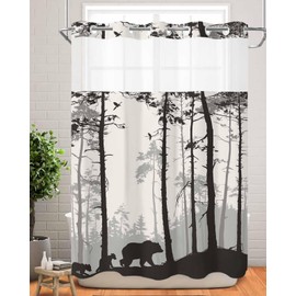 No Hook Shower Curtain and Liner Set Retro Bear Forest Black Silhouettes Animal Wildlife Snap in Fabric Liner Shower Curtains for Bathroom See Through Top Window Waterproof Bath Curtain 72x72 Inch