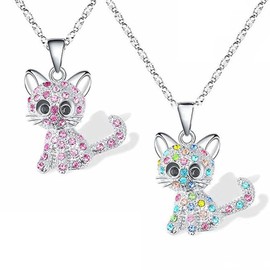 MIRKUZI Chains for Girls 2 Pieces Necklaces, Cute Cat Necklaces for Girls, Cat Pendants, Christmas Gifts, Birthday Gifts for Children, Girls, Women, Ladies