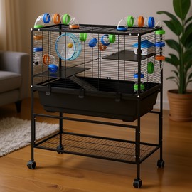 Hamster Cage 3 Tier with Deep Tray Rolling Storage Shelf Exercise Wheel Hut Tube System Indoor Modern Metal RectangleColor: default Color