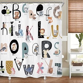 Riyidecor ABC Learning Alphabet Shower Curtain for Bathroom Decor 60Wx72H Educational Study Tool Boys Baby Children Funny Large A to Z Art Printed Fabric Polyester Waterproof 12 Pack Plastic Hooks