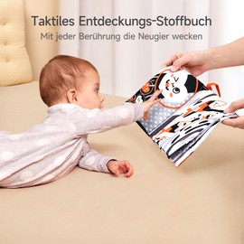 Meribbit Black and White Fabric Book for Babies, Baby Book from 0 Months, High Contrast Sensory Toy with Crinkle Foil, Development-Promoting, Washable Activity Book for Newborns