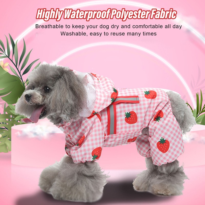 Dog Raincoat Hooded Reflective Breathable Lightweight Strawberry Patterns Puppy Rain