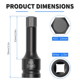 Skweawert 15mm Hex Impact Bit Socket, H15 1/2" Drive Impact Allen Bit Socket 78mm Length SAE Cr-V Steel One-Piece Construction Black Hex Bits