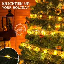 HEYFUNi Christmas Ribbon Copper String Lights 33ft 100LED Lights 8 Modes with Battery&USB Operated Fairy Strings Lights for Party Garden Home Wedding Indoor Christmas Tree Decors,Warm White