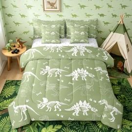 meiyoeat Dinosaur Bones Comforter Set with Sheets Twin Size Kids Jungle Dino Fossils 7 Pieces Bedding Set for Boys Girls Teens Wild Animals Bed in a Bag Breathable Green White Bedroom Decor