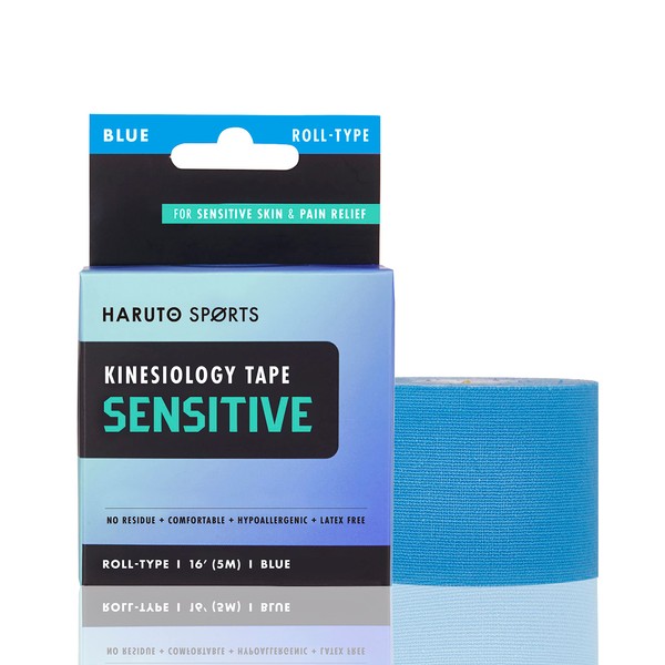 HARUTO Sports Kinesiology Tape Sensitive Roll-Type (Blue), Latex Free Sports Tape for Pain Relief Sensitive Skin, Therapeutic Athletic Tape, Muscle & Joint Support