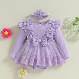 ZZLBUF Newborn Infant Baby Girl Clothes Set Flower Lace Ruffle Long Sleeve Tutu Romper Dress Headband 2Pcs Outfits (Purple, 9-12 Months)