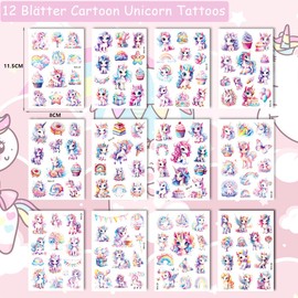 Drookaen 12 Sheets Glitter Tattoo Children's Motifs with Unicorn and Rainbow, Unicorn Tattoo Children, Waterproof Children's Tattoos Stickers, Unicorn Gifts for Girls
