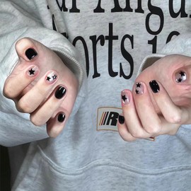 MERVF Square Press on Nails Short Fake Nails Press ons Cat Eye Squoval Glue on Nails with Star Design Cute Black Y2K Acrylic False Nails 24pcs Glossy