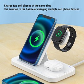 Jectse 4 in 1 Charging Dock for Phone, 15W Wireless Charging Station, Fast Charging Foldable Magnetic Charging Station for 2 Phone Watch Earbuds