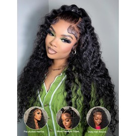 ORIGINAL QUEEN Water Wave Lace Front Wigs Human Hair 200 Density 13x6 Lace Frontal Wig Curly Human Hair Wigs for Women Pre Plucked Pre Bleached Knots Natural Color 32Inch