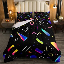 Memphis Pattern Comforter Set,Retro 80s or 90s Memphis Geometric Fashion Bedding Set,Vintage Hip Hop Style Quilt Duvet Colorful Circles and Triangle Down Comforter,Funky Pop Art Design Bed Sets Full