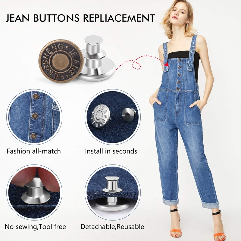 12 Sets Button Pins for Loose Jeans, No Sew and