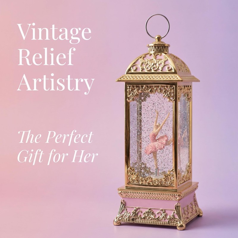 Ballerina Musical Snow Globe Lantern, Gold & Pink Spinning Figurine