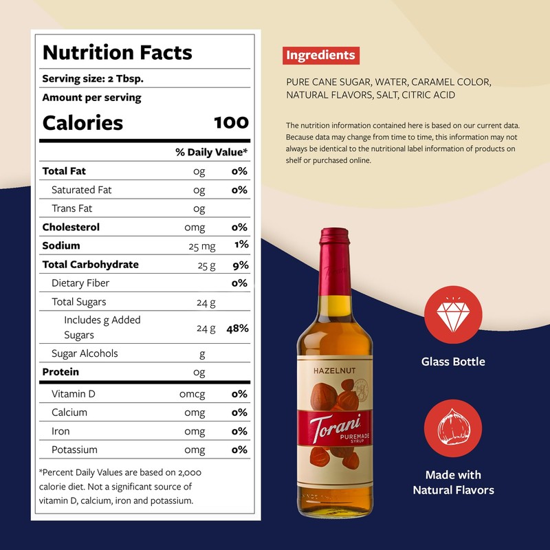 Torani Puremade Syrup, Hazelnut Flavoring for Drinks, GMO Free, Glass
