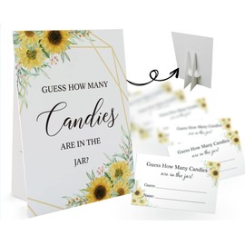 Candy Guessing Game Cards-1 Sign 8x11" and 50 Cards, Sunflower Guess How Many Game Sign, for Boys Girls Birthday Party, Baby Shower, Party Games Activities and Decorations 09