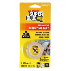 The Original Super Glue Corporation Permanent Mounting Tape, Double-Sided, 20 lb Strength, Pack of 12 Rolls, White