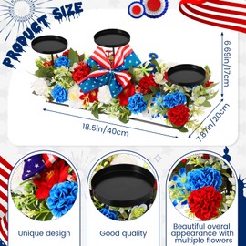Mumufy 18. 5" Big Patriotic Table Centerpiece Decorations, 4th of July Candle Holder Red White and Blue Artificial Flower Wreath Ring USA American Flag Bow for Independence Memorial Day(Elegant Style)