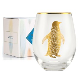 Onebttl Unique Stemless Wine Glasses, Penguin Wine Glass for Red or White Wine - 18oz, Penguin Pattern, Gold - for Women, Her, Friends, Penguin Lovers - for Birthday, Christmas