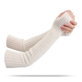Women Winter Knit Arm Warmer Long Sleeves Fingerless Gloves Warm Women Arm Sleeves with Thumb Hole (White)