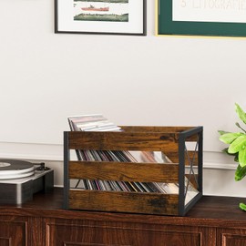 YINMIT Vinyl Record Storage, Large LP Vinyl Record Storage Crate, Metal & Wooden Album Holder, Cube Record Organizer Box, Holds up to 80+ Records