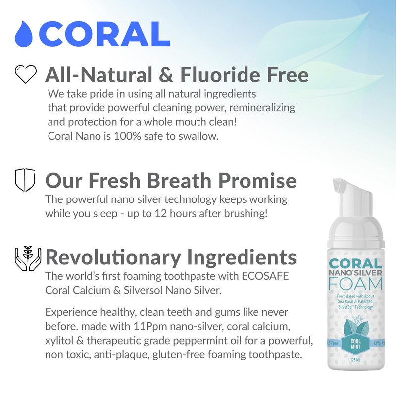 Coral Nano Silver Foaming Toothpaste, Natural Fluoride Free Toothpaste, SLS
