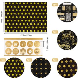 Birthday Wrapping Paper, 6 Sheets Children's Wrapping Paper, Black Gold Gift Wrapping Paper for Birthdays, Graduations (70 x 50 cm)