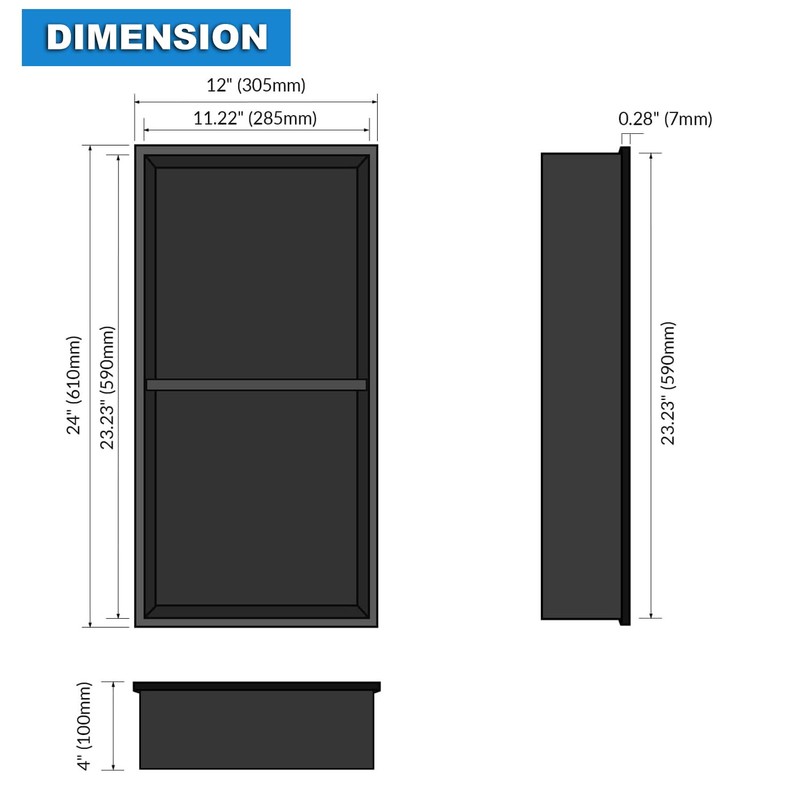 BATHFINESSE Shower Niche 24" X 12" Black, Stainless Steel Wall