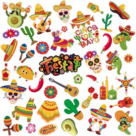 Motipuns 42 Pcs Cinco De Mayo Window Gel Clings Mexican Fiesta Thick Gel Clings Removable Reusable Mexico Cactus Stickers Guitar Taco Decals for Glass Windows Cinco De Mayo Classroom Party Decorations