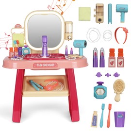 Kids Vanity Set with Mirror, Faucet, LED Lights & Music, Pretend Makeup Table with Accessories, Princess Dress Up Toy for Girls Ages 3‑6