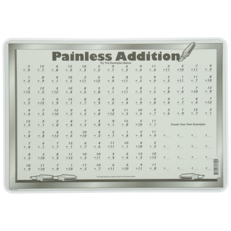 Painless Learning Addition Tables Placemat, Black, Large