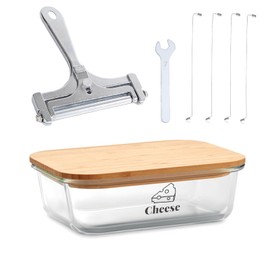 Yomjarl Cheese Container for Refrigerator,Glass cheese slice holder with Wooden Lid&Cheeses Cutter,Lunch Deli Meat Containers for Fridge,BPA-Free Shredded Cream Block Cheeses Storage Box keeper