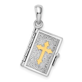 Million Charms 925 Sterling Silver Religious Charm, Textured Lords Prayer Bible with and 14k Cross Pendant