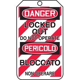 Accuform TMT218CTP PF-Cardstock Multilingual Safety Tag, Legend "Danger Locked Out DO NOT Operate", 5.75" Length x 3.25" Width x 0.010" Thickness, Red/Black on White (Pack of 25)