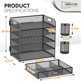 Sinboun Metal 5-Tier Mesh File Organizer with Pen Holder, Drawer and Desktop Document Shelf Tray for Letter/A4 Office Classroom Organization