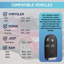 Replacement Remote Key Fob Compatible with Jeep, Dodge, and RAM, Simple Key (Lock, Unlock, Panic (5-Button (Trunk, Lock, Unlock, Panic,Remote), 1 Key Fob Only)