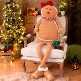 Shappy 60 Inch Large Size Christmas Gingerbread Plush Doll Outdoor Gingerbread Man Plush Filling Decoration with Bowknot for Christmas Parties Gifts Outdoor Porch Decoration