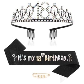 Maigendoo 18th Birthday Crown and Sash Princess Crown Queen Tiara Rhinestone Headbands Birthday Stuff Accessories Tiara and Sashes Decorations Set Girls 18 Years Old Party Supplies, Black