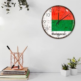 Silent Wall Clock Analog Round Non-Ticking Madagascar Custom Wall Clocks City Flag Souvenir International Wooden Wall Decor for Family Room Patio Auto Shop 12 Inch