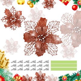 FGen Pack of 18 Christmas Star, Christmas Tree Glitter Flowers, Artificial Christmas Flowers, Christmas Flowers Decor Ornament, for Christmas Tree Decoration, Wedding, Party, Wreath Decoration (Rose